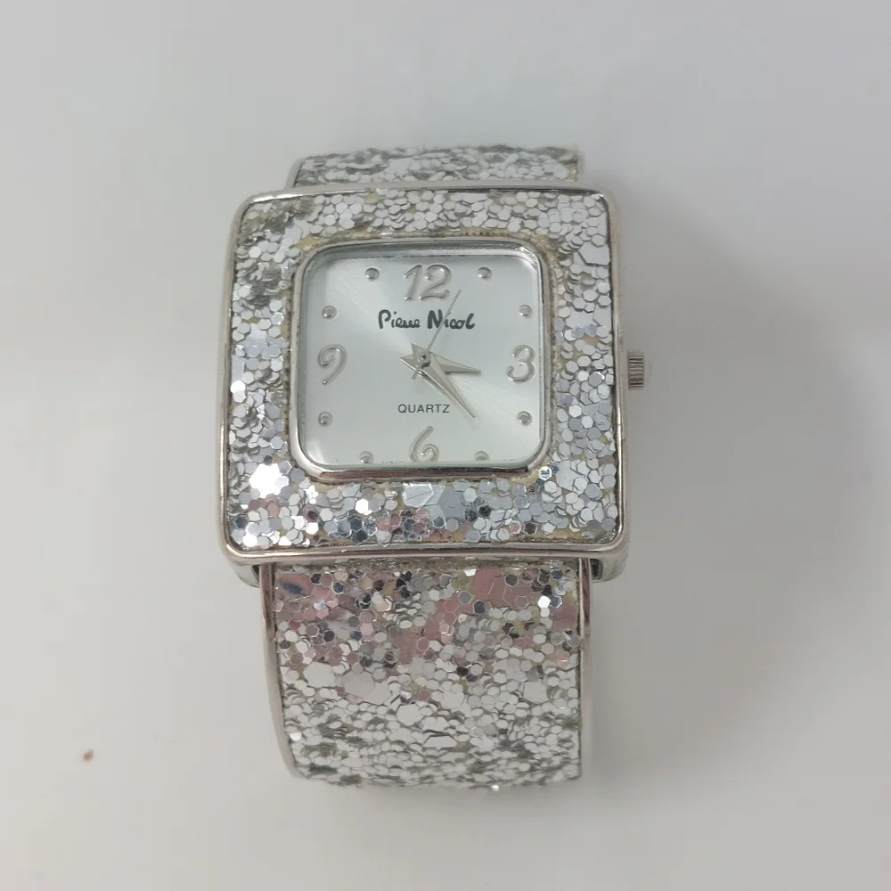 Pierre Nicol Silver Sequin Sparkly Watch Cuff Bracelet Square Face Glam Bling